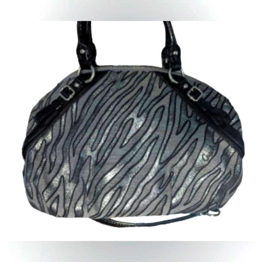 EUC Coach Madison silver zebra print canvas with black patent leather handles - Picture 2 of 13